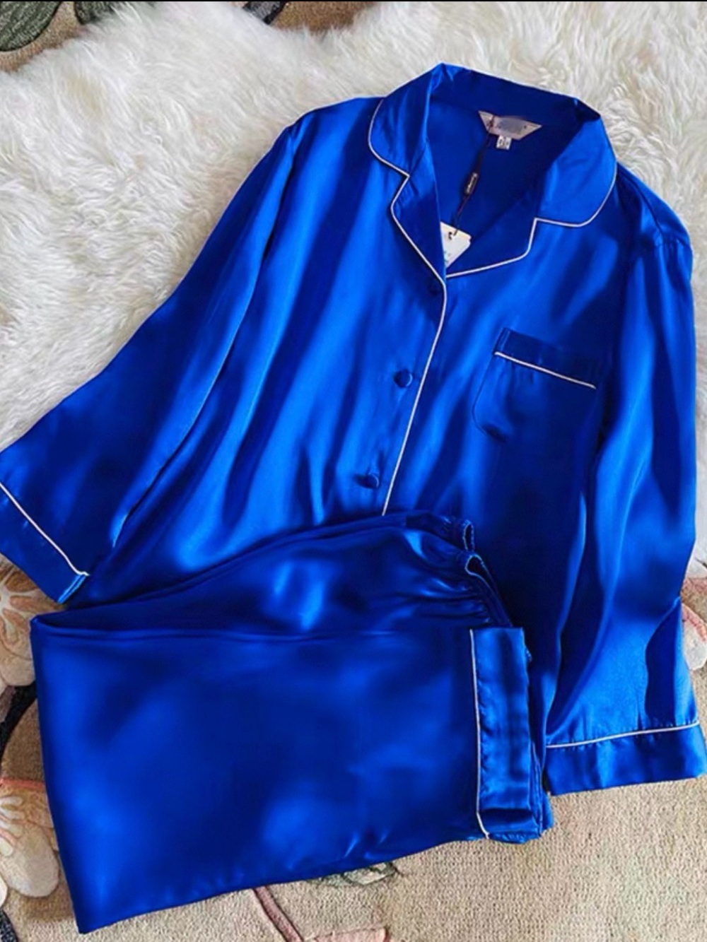 100% Mulberry Silk Pajama Set Royal Blue 2 Piece NWT Luxury Sleepwear